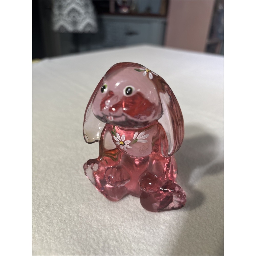 Fenton Glass Bunny Figurine Lop-Eared Madras Pink Cranberry Floral Signed.